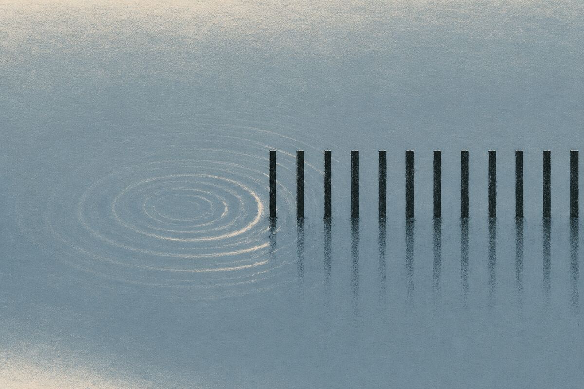 A circular ripple meets a measured row of upright forms across a quiet slate-blue field.
