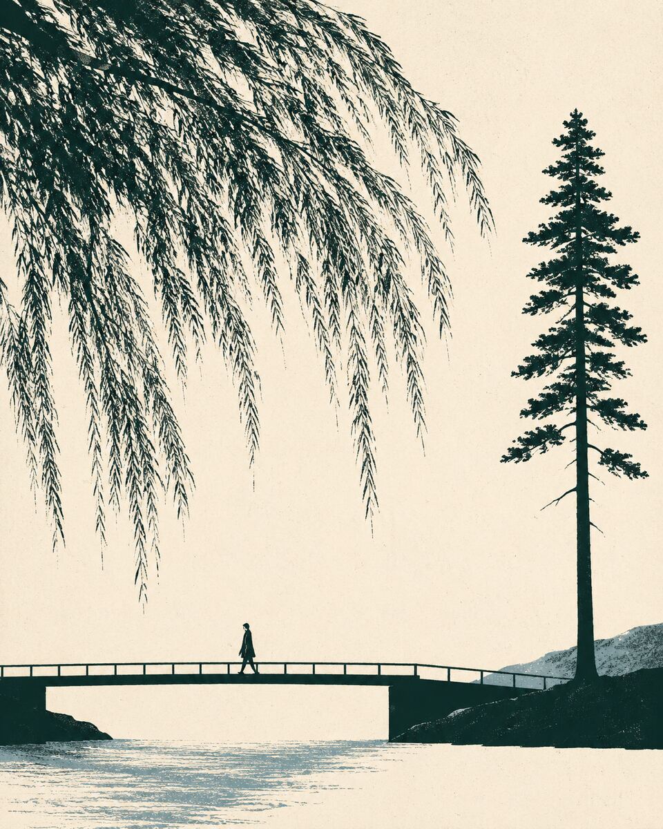A solitary figure crosses a geometric bridge beneath a willow canopy and a tall pine.
